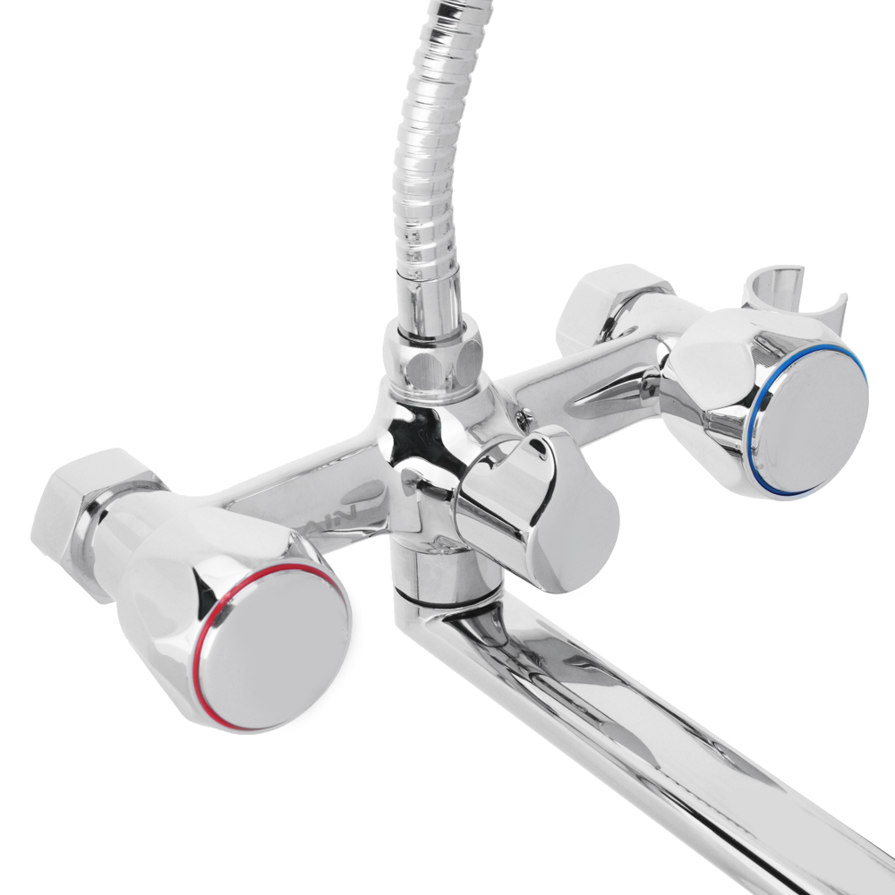 RAIN Смеситель для ванны Уран, прямой излив 35см, керам. кран-буксы 1/2, душ. набор, латунь, хром, арт.№ 561-311