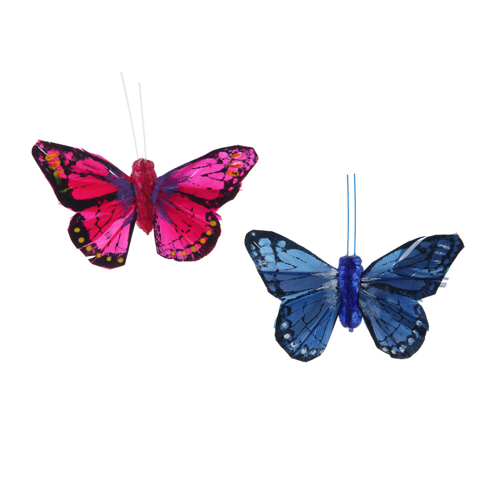 Бабочка декоративная на прищепке тм INBLOOM, набор 2шт, 8 см, перо, металл, арт.№ 153-199