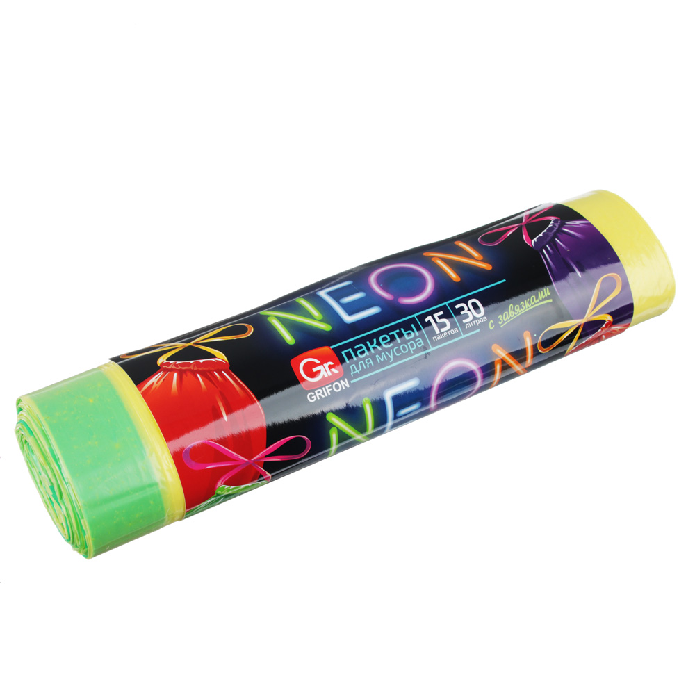 GRIFON Мешки для мусора, 30 л., 15 шт. с завязками, прочные ПВД, 4 цвета, рулон, арт.№ 449-040