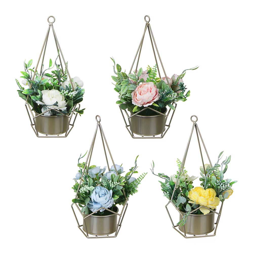 LADECOR Цветочная композиция в металлическом кашпо, с подвесом, 4 цвета, 14,5х29,5 см, арт.№ 501-492