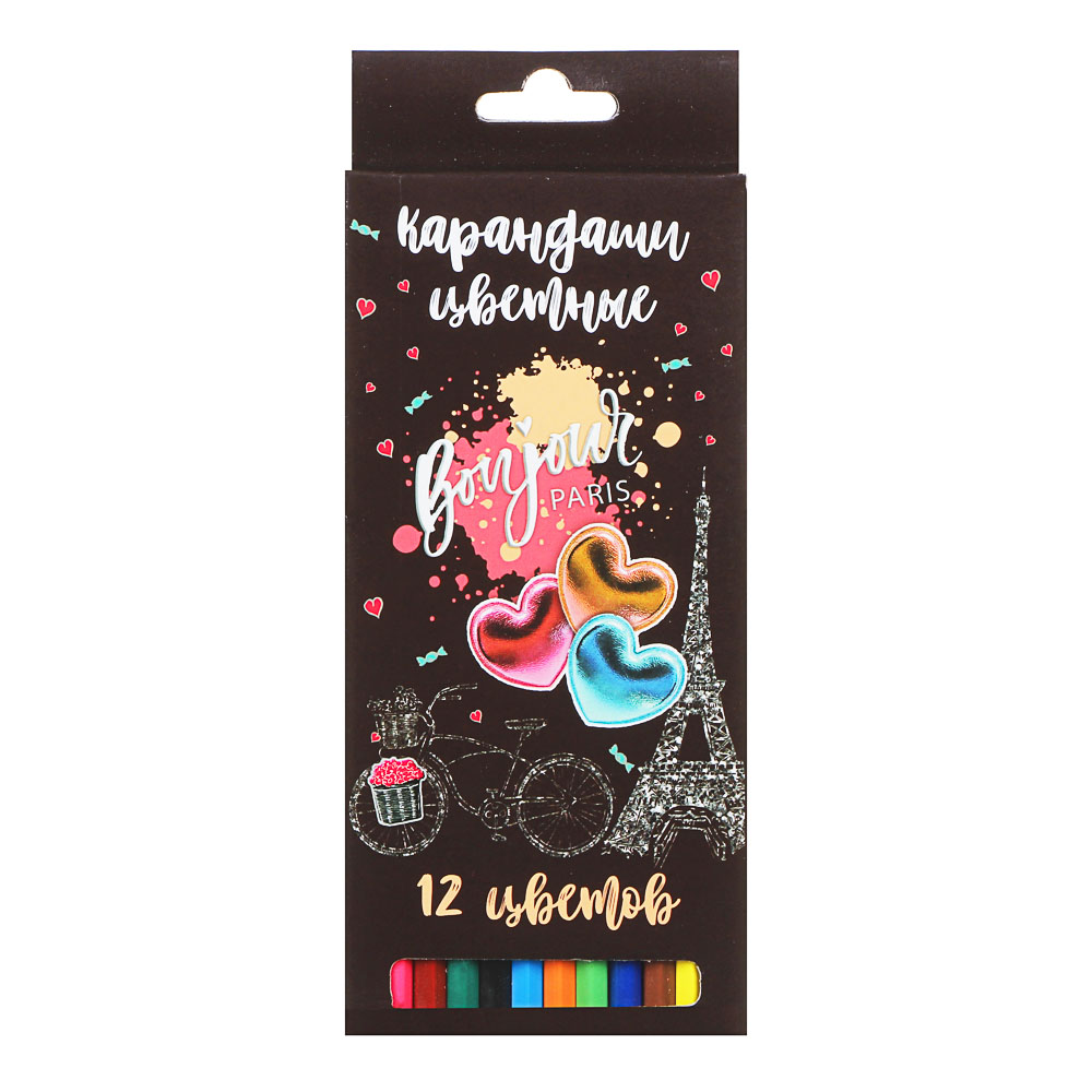 Френч Новел Карандаши цветные, 12 цветов, шестигранные заточенные, дерево, в карт.коробке с подвесом, арт.№ 228-161