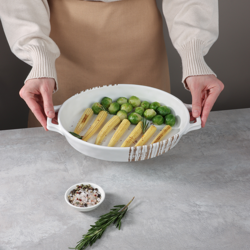 MILLIMI Форма для запекания и сервировки овальная с ручками, керамика, 31х20,5х5 см, объем 1,1 л, белая, арт.№ 826-387