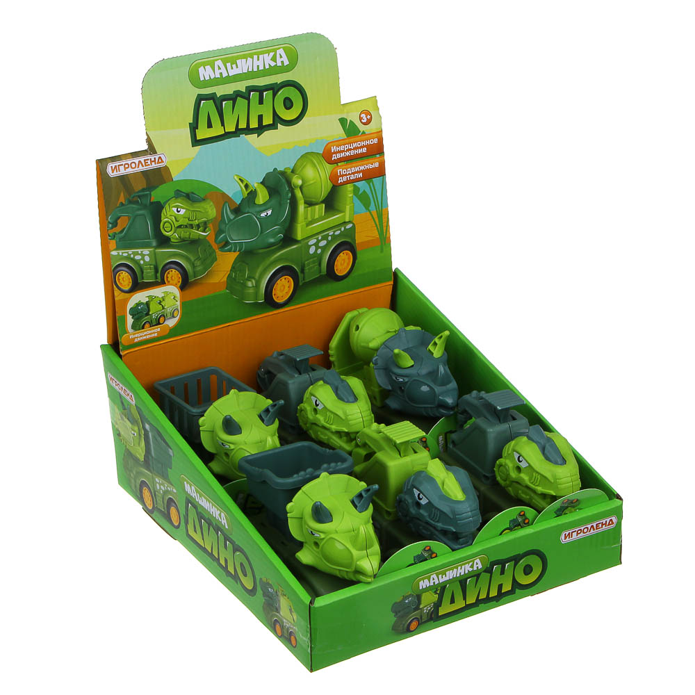 ИГРОЛЕНД Машинка инерционная Дино-спецтехника, зеленая, ABS, 13,5x10,5x5,7см, 6 дизайнов, арт.№ 292-296
