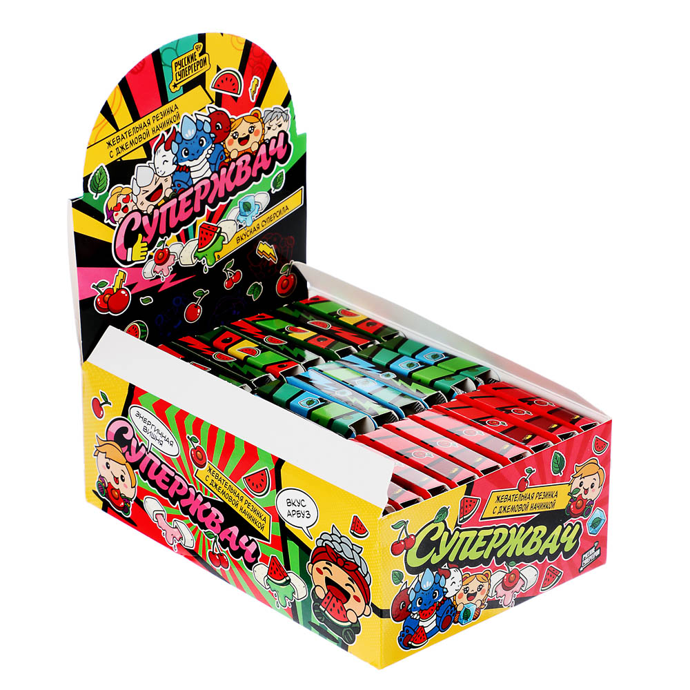 BY Русские Супергерои Жевательная резинка с джемовой начинкой со вкусом арбуз/вишня/мята 13,5 гр., арт.№ 347-529