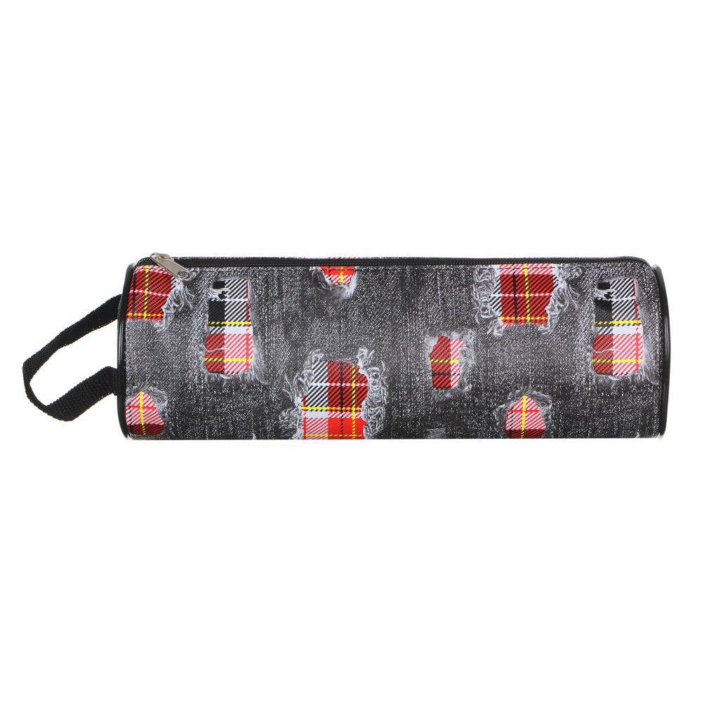 Пенал мягкий круглый, 21х7х7см, с ручкой, джинсовый материал, с антисмин. вклад., 4 дизайна, арт.№ 238-036