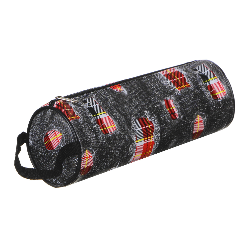 Пенал мягкий круглый, 21х7х7см, с ручкой, джинсовый материал, с антисмин. вклад., 4 дизайна, арт.№ 238-036