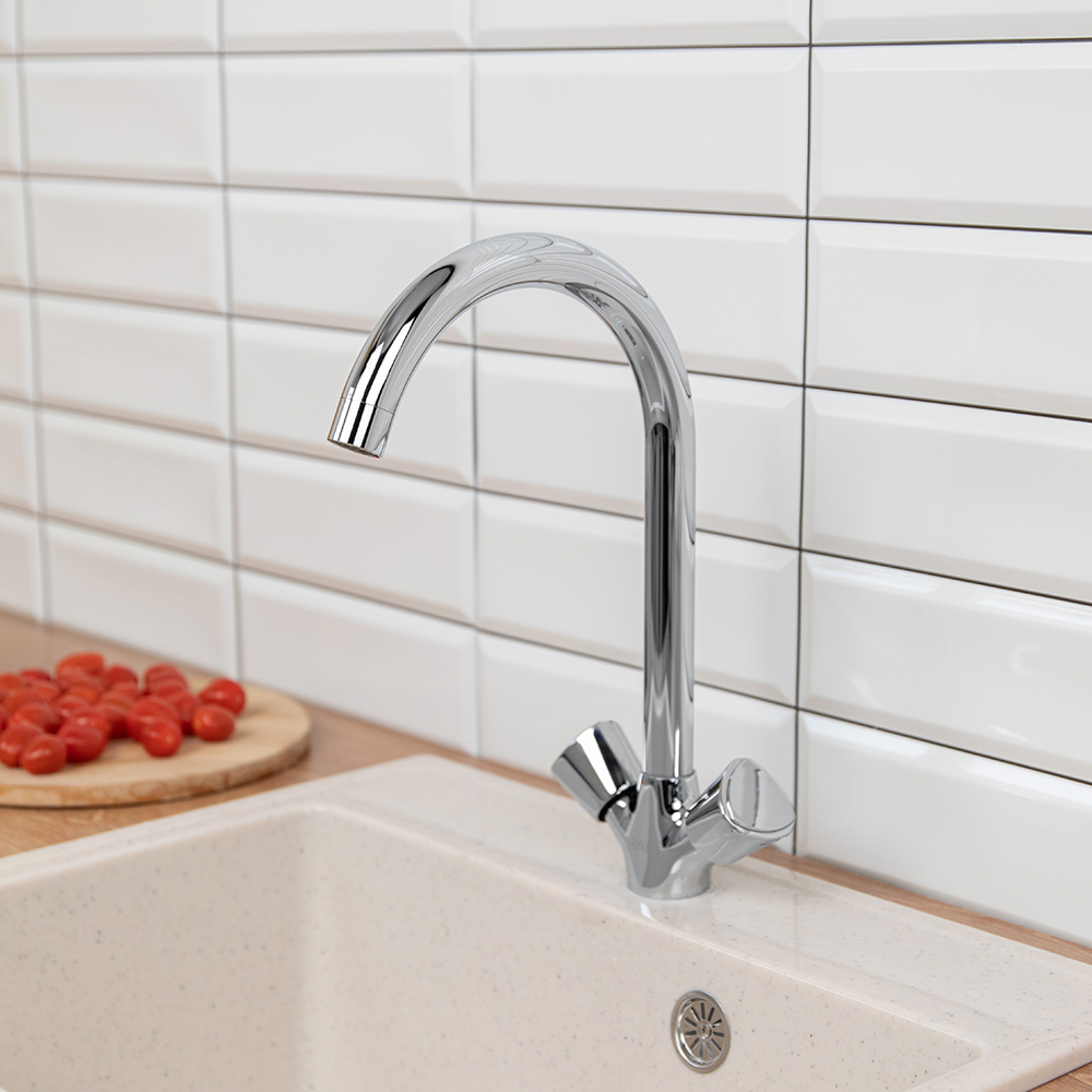 RAIN Смеситель для кухни Уран, высокий излив, керам. кран-буксы 1/2, латунь, хром, арт.№ 561-006