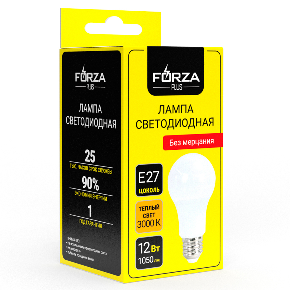 Лампа светодиодная FORZA A60 12 Вт, Е27, 1050 Лм, 3000 К, 175-265 В, Ra>80, IRF <5%, 1 год гар., арт.№ 935-060
