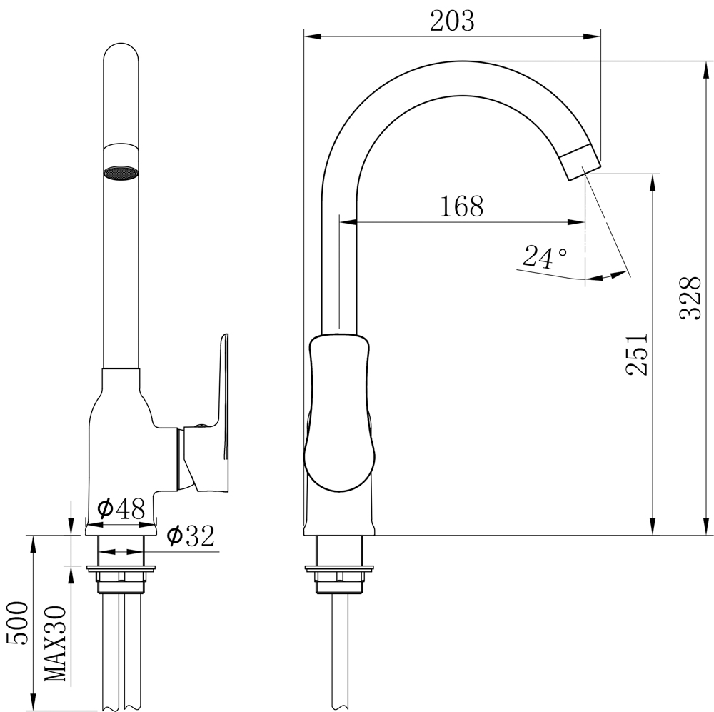RAIN Смеситель для кухни Топаз, высокий излив, картридж 35мм, гайка, латунь, арт.№ 561-233
