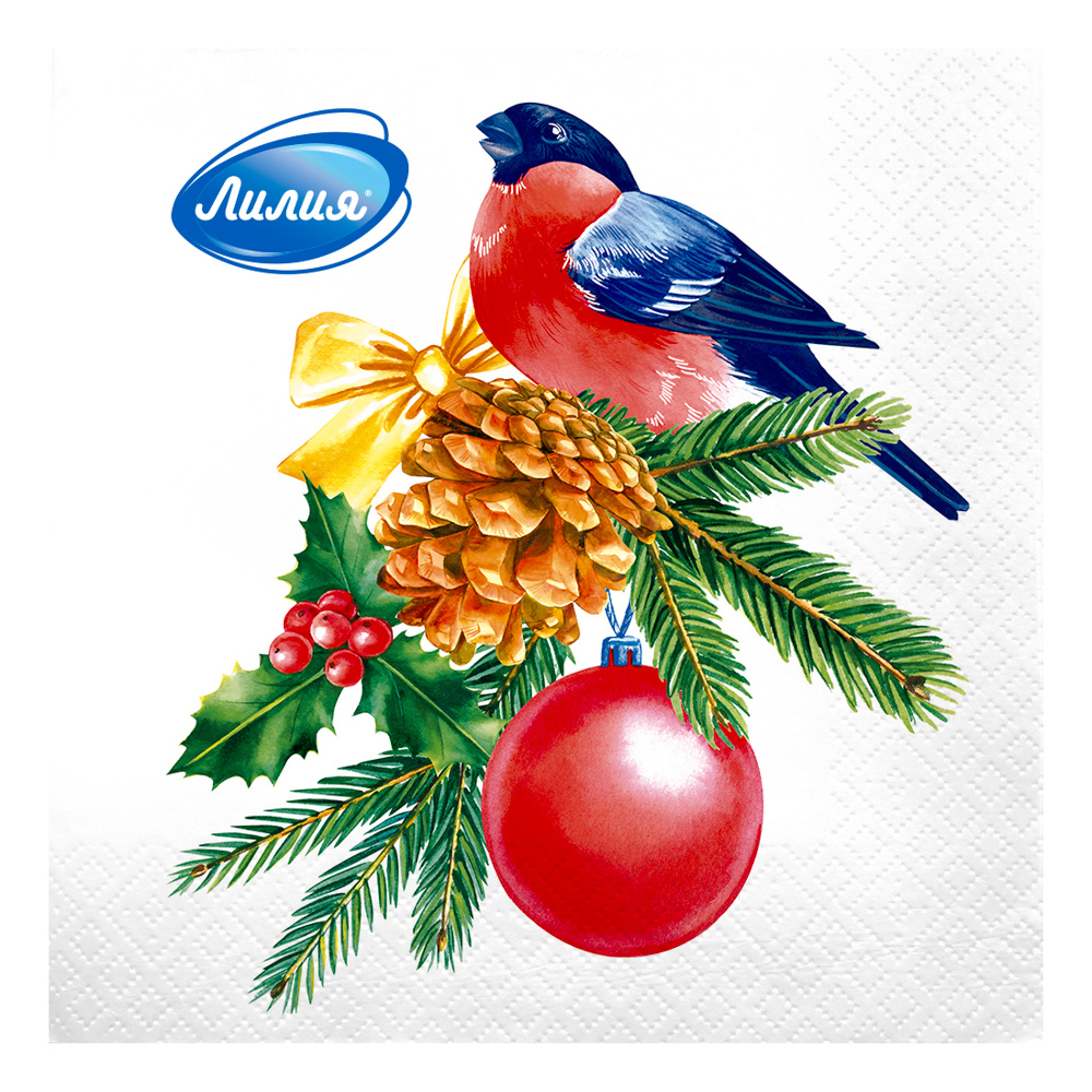 Салфетки бумажные Лилия Ассорти 2 слоя, Елка/Снегирь/Шар, 33х33см, 20л, арт.№ 912-031