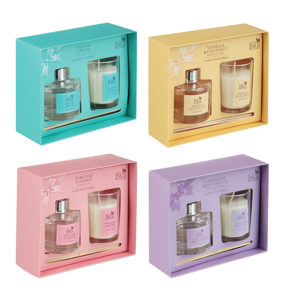 NEW GALAXY Набор ароматизатор-диффузор и свеча, ваниль,райский сад,лаванда, свежесть 40 мл., 50 гр, арт.№ 778-105
