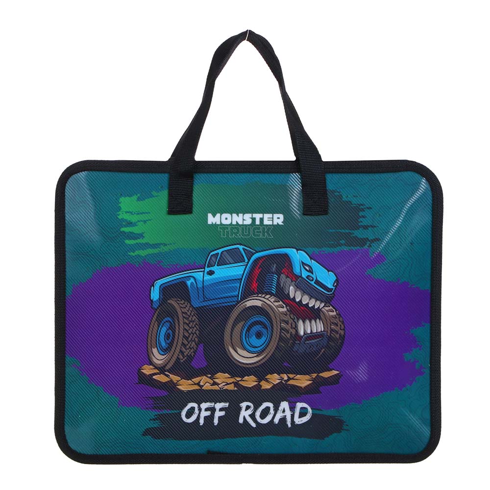 МОНСТР ТРАК Папка для тетрадей 33,5x26см, для A4, расширение, молния сверху, ручки, пластик, арт.№ 236-095