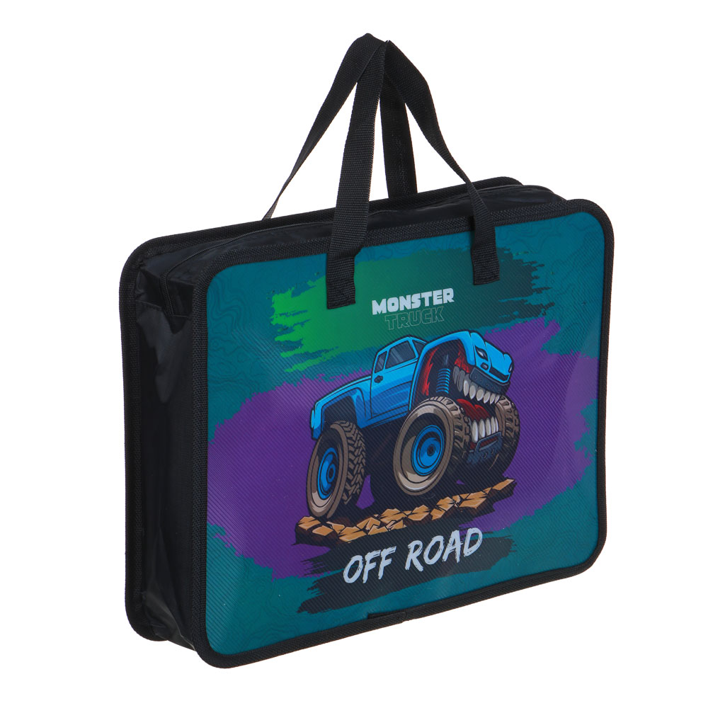 МОНСТР ТРАК Папка для тетрадей 33,5x26см, для A4, расширение, молния сверху, ручки, пластик, арт.№ 236-095