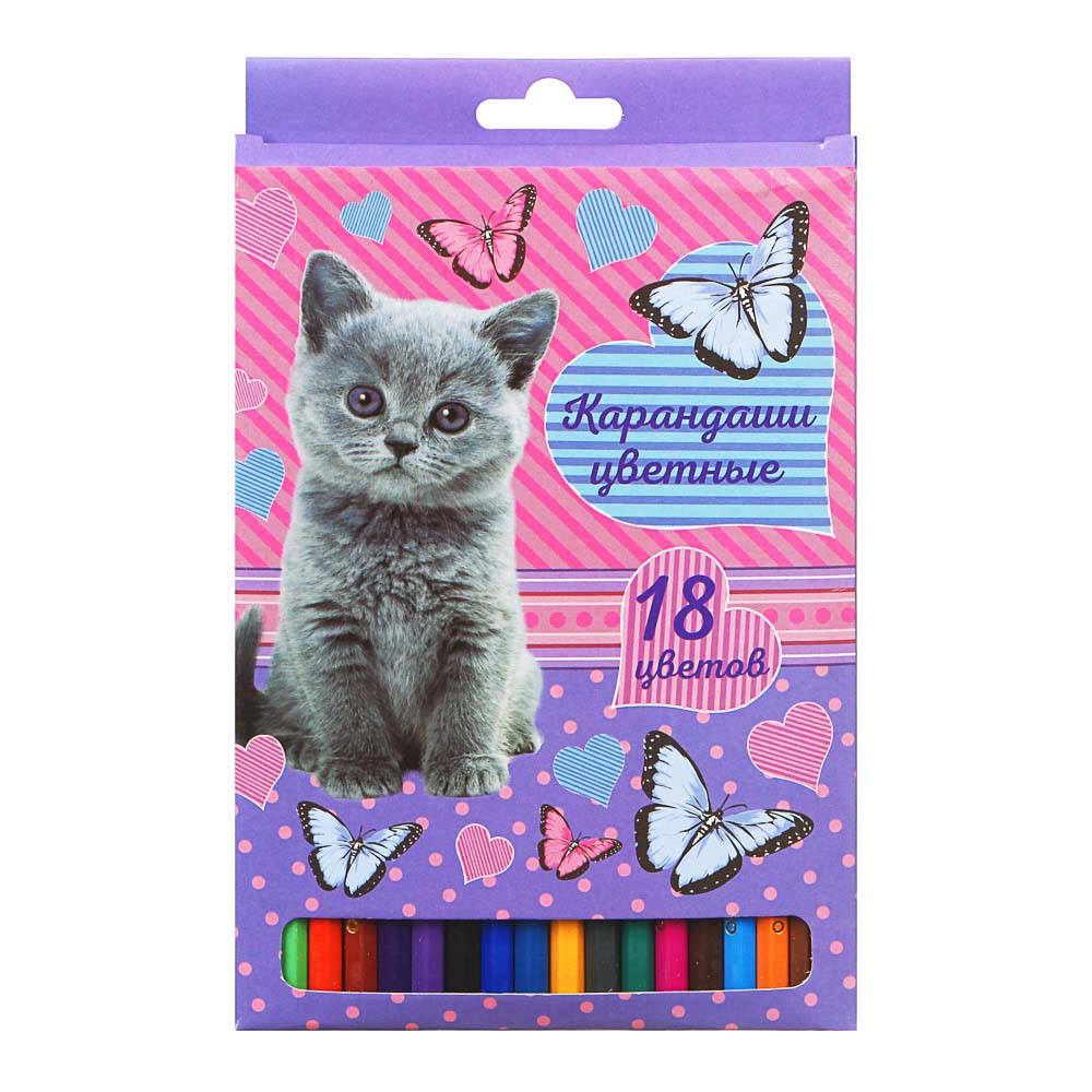 Свит Китти Карандаши цветные, 18 цветов, шестигранные заточенные, дерево, в карт.коробке с подвесом, арт.№ 228-164