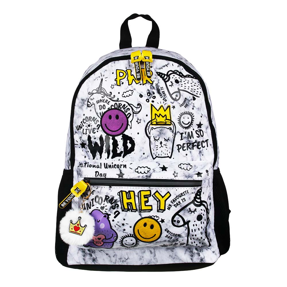 BY Рюкзак подростковый, 41x29x18см, "Смайлы и единороги", 1отд.,4карм., улучш.ПЭ, нашивки, брелок, арт.№ 254-497