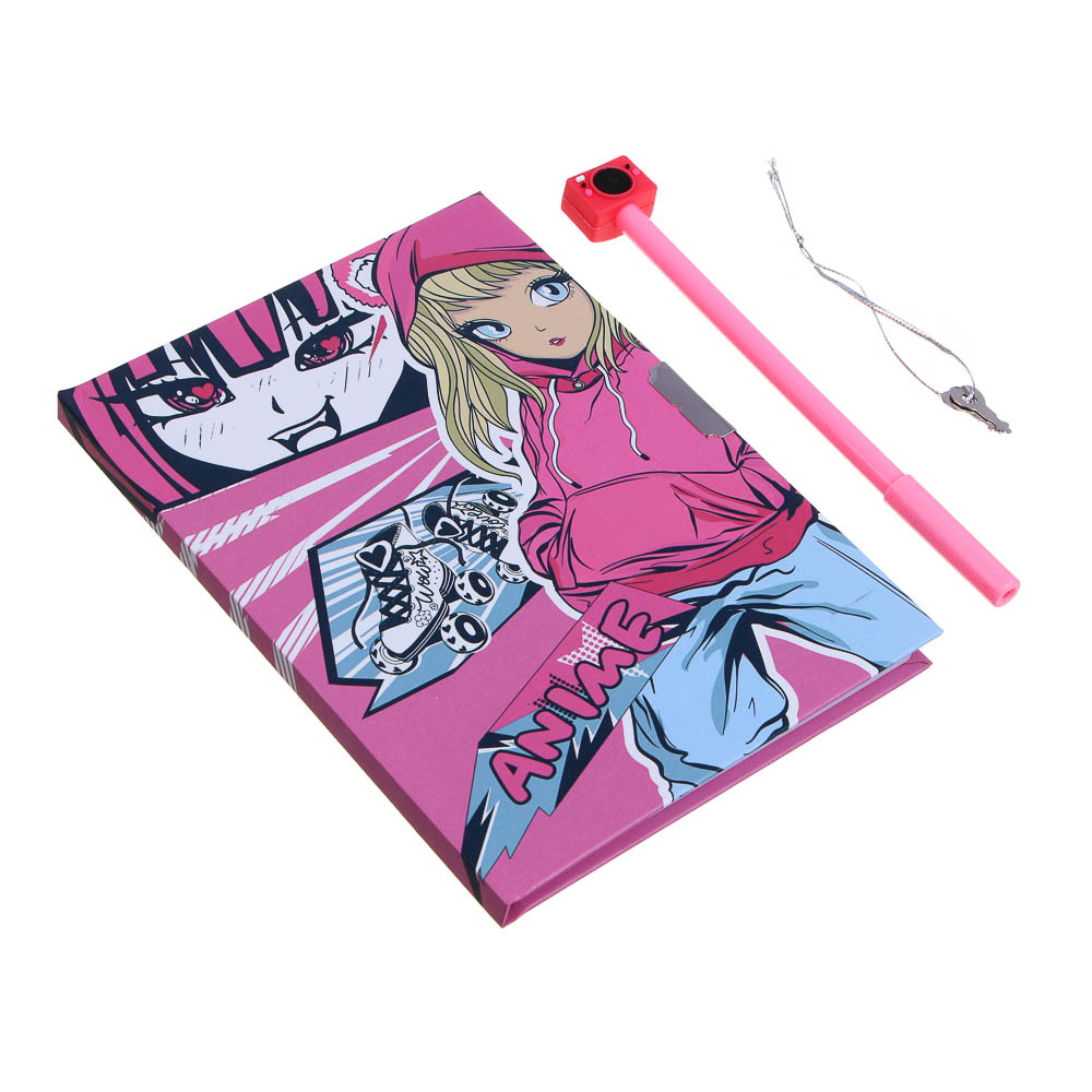 Записная книжка, 13х18 см, с замком, "Аниме/Смайл", с фигурной ручкой, в коробке, арт.№ 524-298