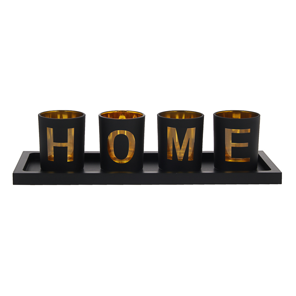 Набор подсвечников на подставке тм LADECOR 4 шт 6х6х7,5см, подставка 33,4х11,7х1,5см, стекло, дерево, арт.№ 477-265