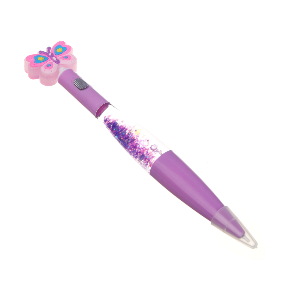 Ручка шариковая синяя, фигурный наконечник, подсветка и блестки в корпусе 17-18см, пластик, 4 диз., арт.№ 591-018