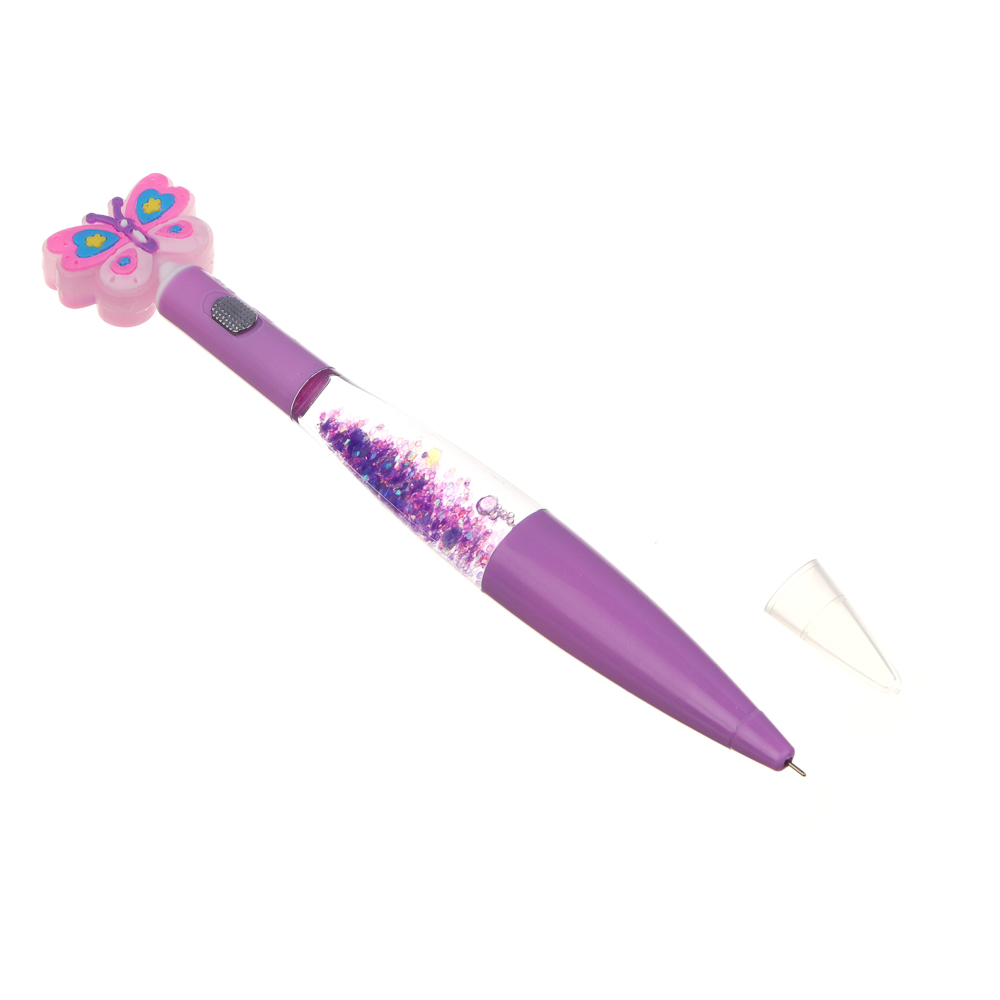 Ручка шариковая синяя, фигурный наконечник, подсветка и блестки в корпусе 17-18см, пластик, 4 диз., арт.№ 591-018