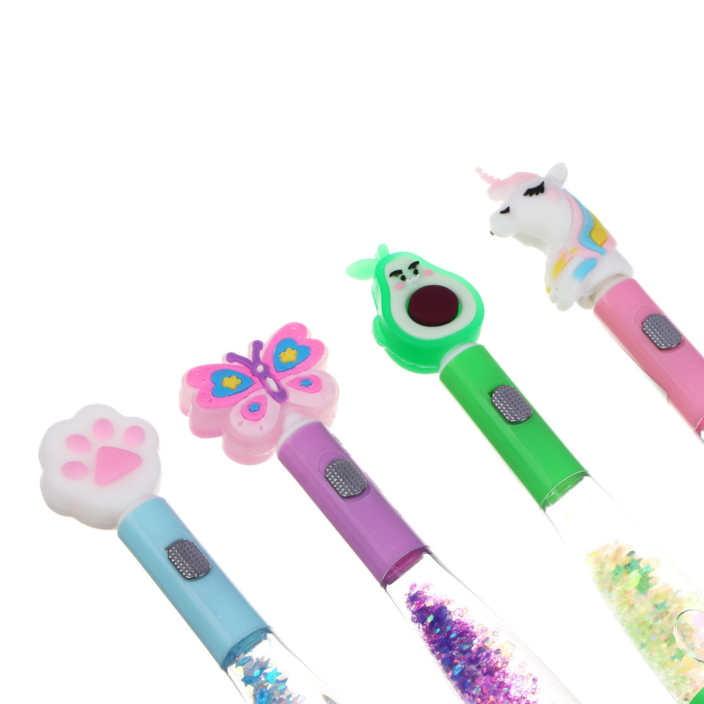 Ручка шариковая синяя, фигурный наконечник, подсветка и блестки в корпусе 17-18см, пластик, 4 диз., арт.№ 591-018