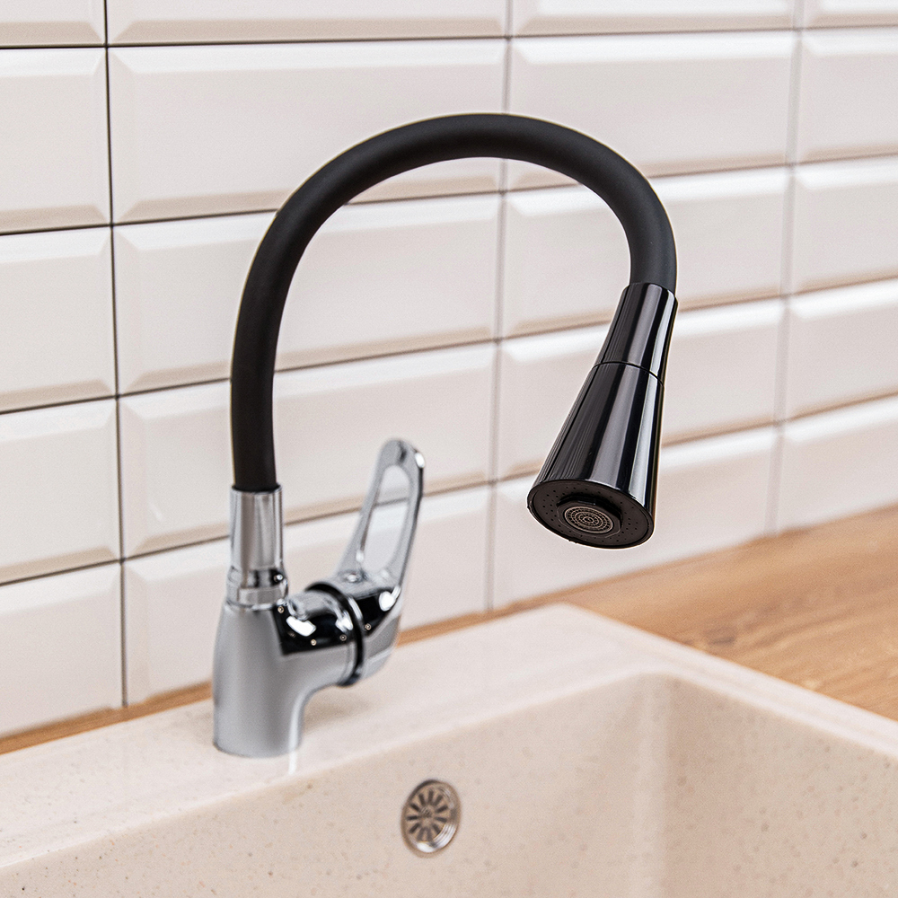 RAIN Смеситель для кухни Веста, гибкий излив, картридж 35мм, латунь, черный/хром, арт.№ 561-007