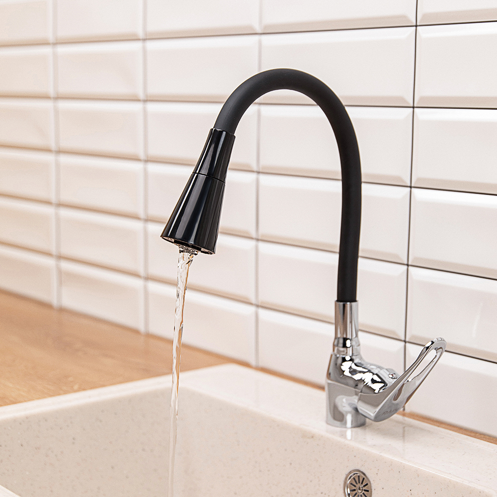 RAIN Смеситель для кухни Веста, гибкий излив, картридж 35мм, латунь, черный/хром, арт.№ 561-007