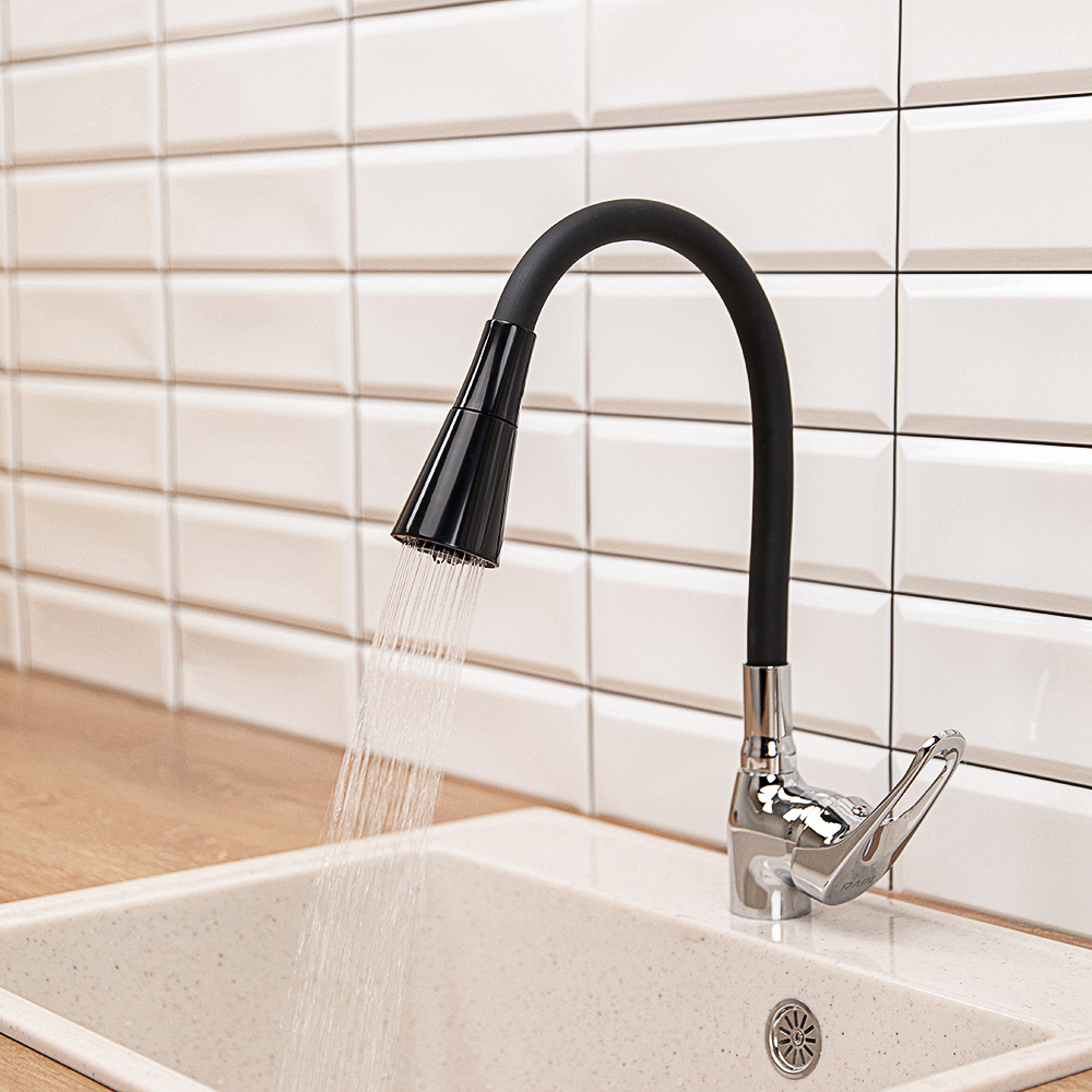 RAIN Смеситель для кухни Веста, гибкий излив, картридж 35мм, латунь, черный/хром, арт.№ 561-007