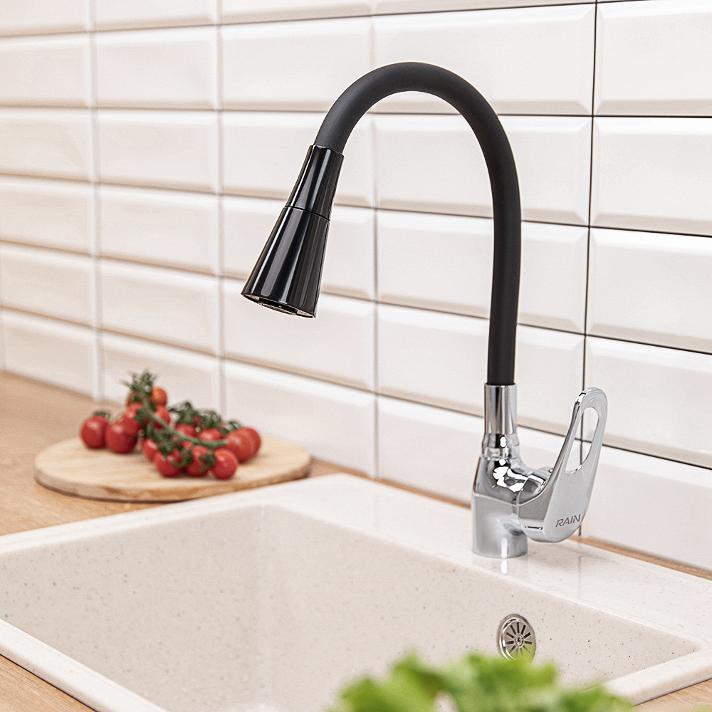 RAIN Смеситель для кухни Веста, гибкий излив, картридж 35мм, латунь, черный/хром, арт.№ 561-007