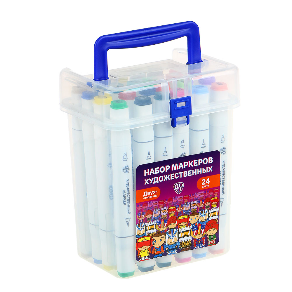 BY Набор маркеров худож., 24 цвета, 2-сторонний (скошенный 6мм + круглый 2мм), в пластиковом боксе, арт.№ 613-018