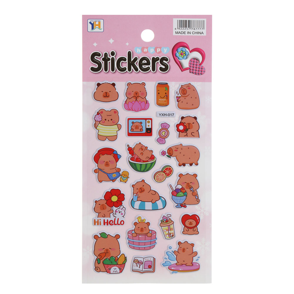 Набор наклеек "Капибара" 10х22см, объёмные, ПВХ, микс 6 дизайнов, арт.№ 557-094