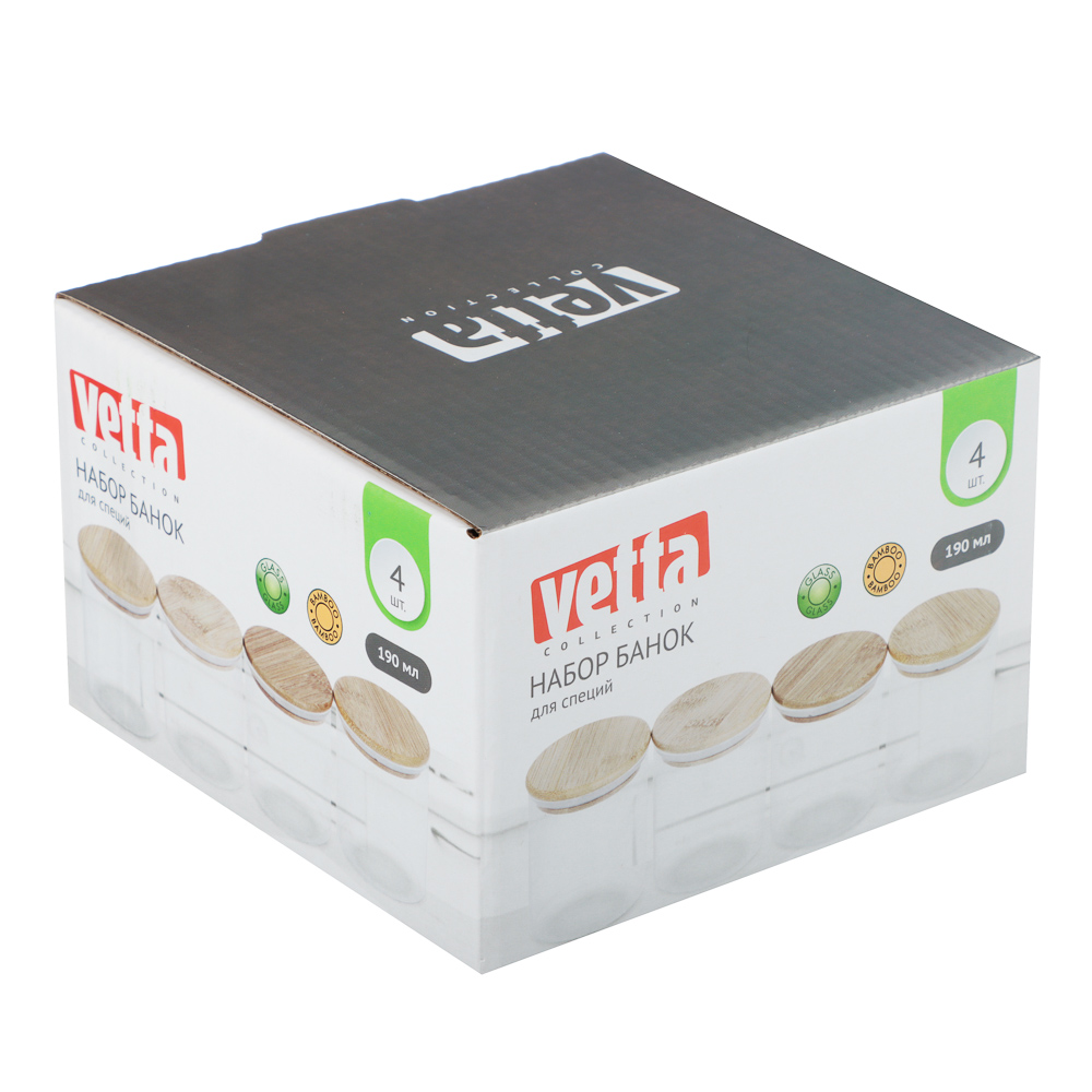 VETTA ЭКО Набор банок для специй, 4шт., 190мл,стекло, бамбук, арт.№ 828-330