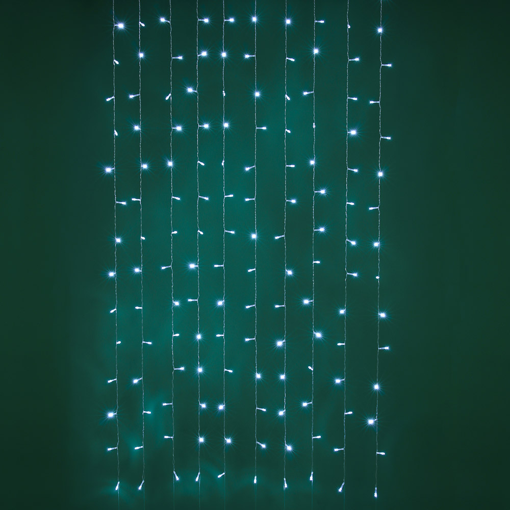 Гирлянда занавес 1.5x1.5 м СНОУ БУМ, 150 LED ламп, постоянное белое свечение, ПВХ прозрачный, 10 нитей, 220В, арт.№ 382-077