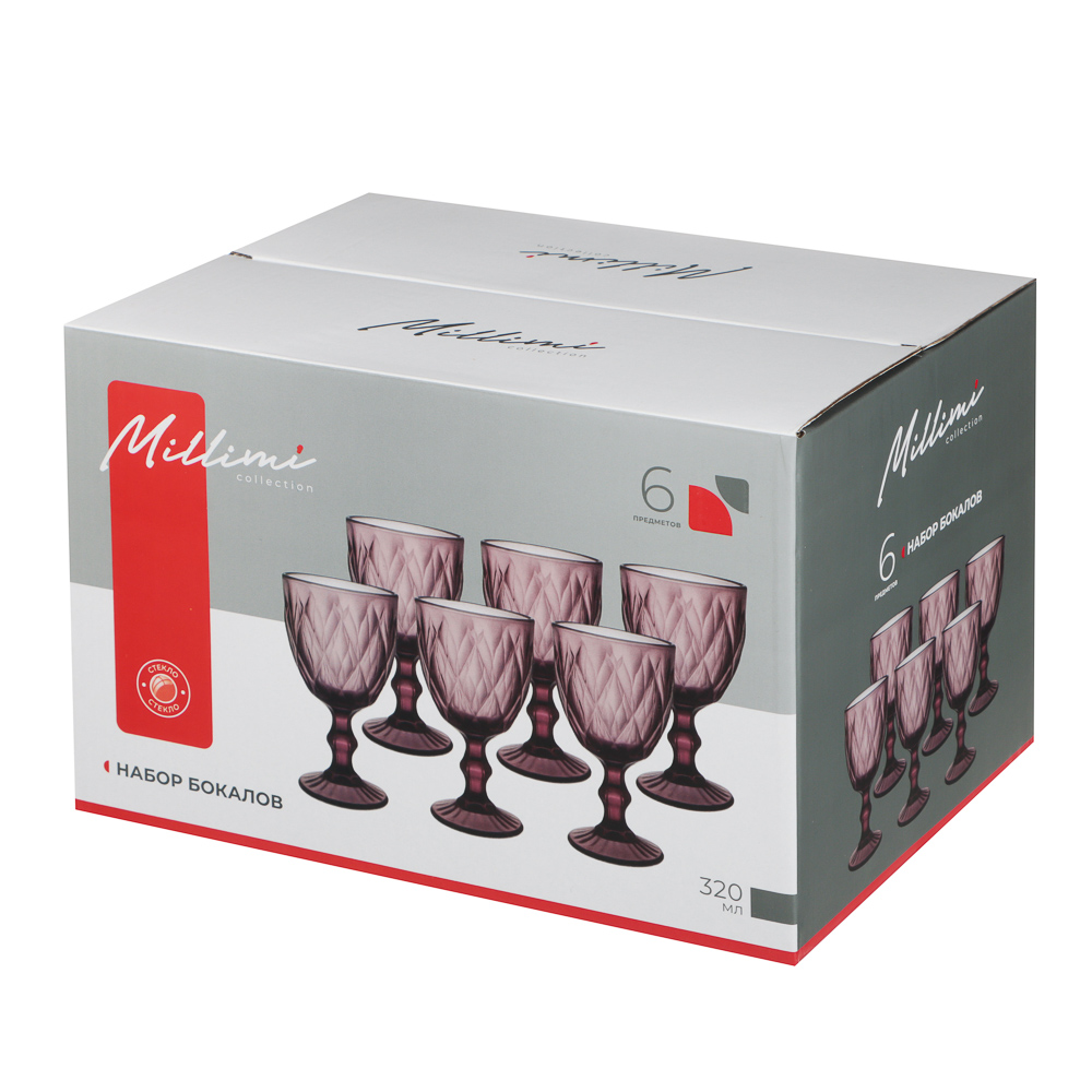 MILLIMI Набор бокалов для вина 6 шт, 320 мл, стекло, бордовый ромб, арт.№ 878-636