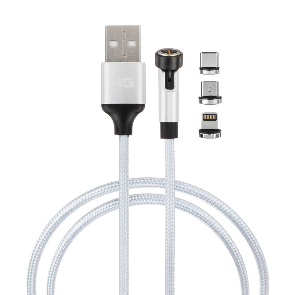 NG Кабель для зарядки магнитный поворотный 3 в 1, iP/Micro USB/Type-C, 1м, 2.4, тканевая оплетка, арт.№ 788-035