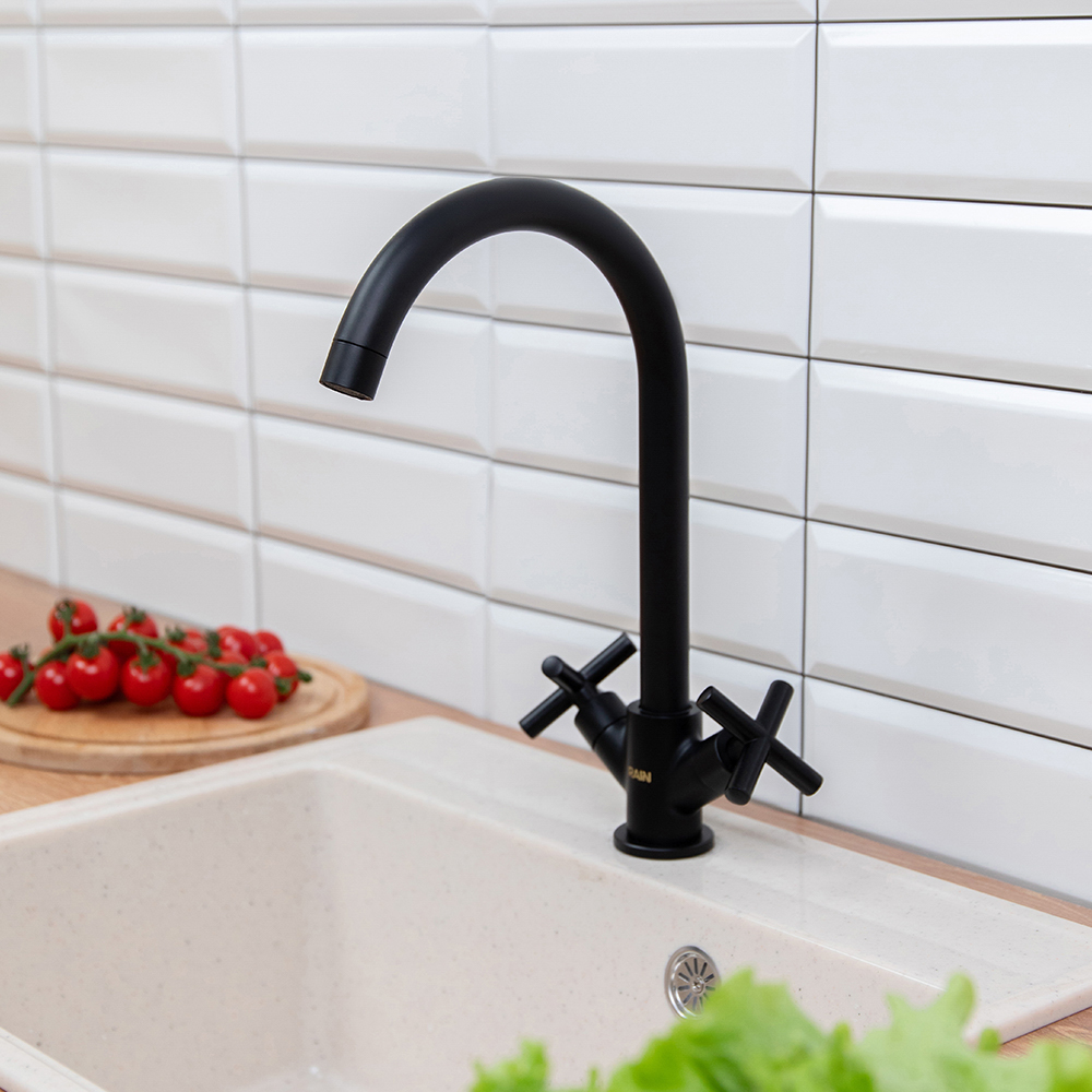 RAIN Смеситель для кухни Кристал, кран-буксы 1/2, гайка, латунь, черный, арт.№ 561-017