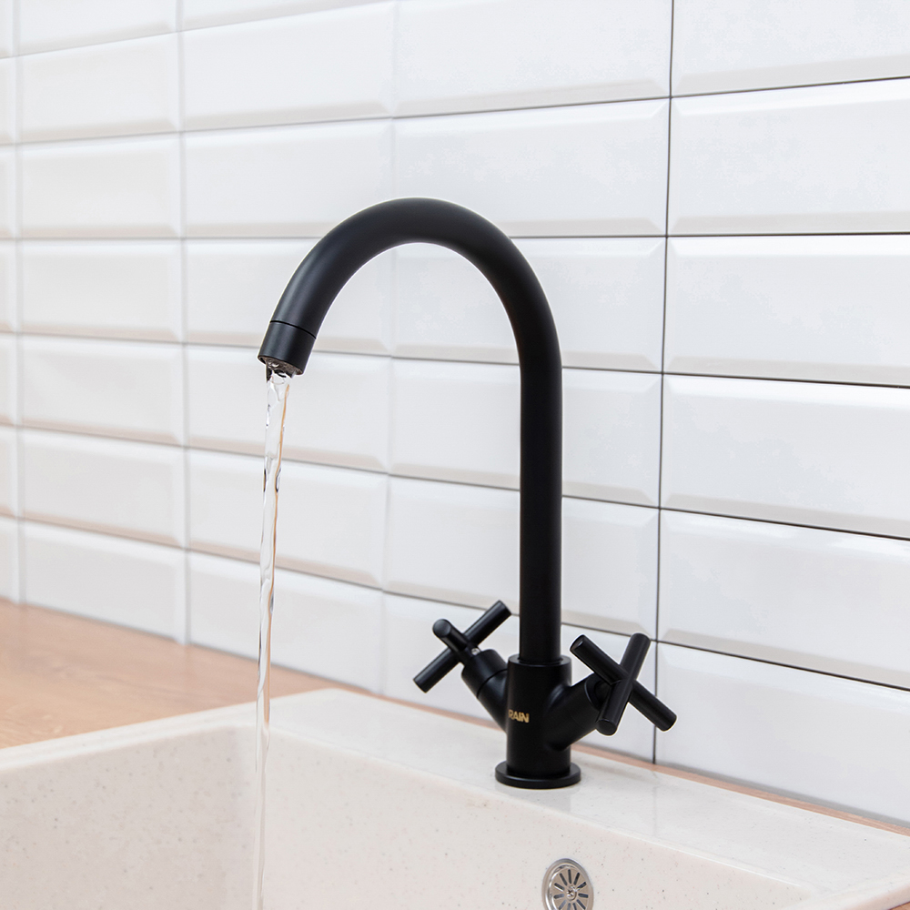 RAIN Смеситель для кухни Кристал, кран-буксы 1/2, гайка, латунь, черный, арт.№ 561-017