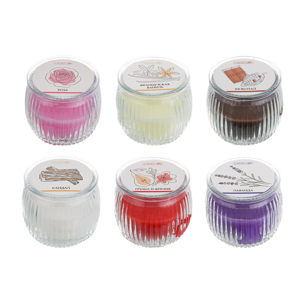 LADECOR Свеча ароматическая в стеклянном подсвечнике, парафин,7x6,5 см, 6 цветов, арт.№ 508-823