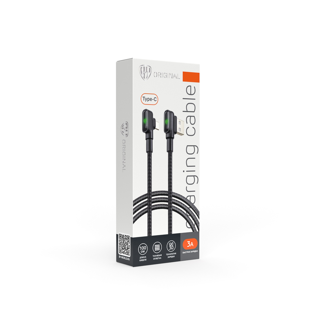 Кабель для зарядки USB(A)-Type C BY L-shape, 1м, 3A, Быстрая зарядка QC 3.0, черный, арт.№ 931-345