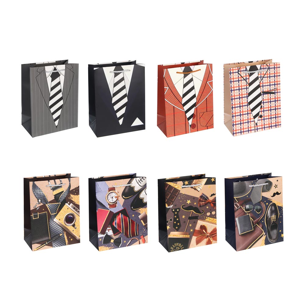 Пакет подарочный бумажный тм LADECOR M 18x23x10 см, для мужчин арт 1, 8 дизайнов, арт.№ 507-471