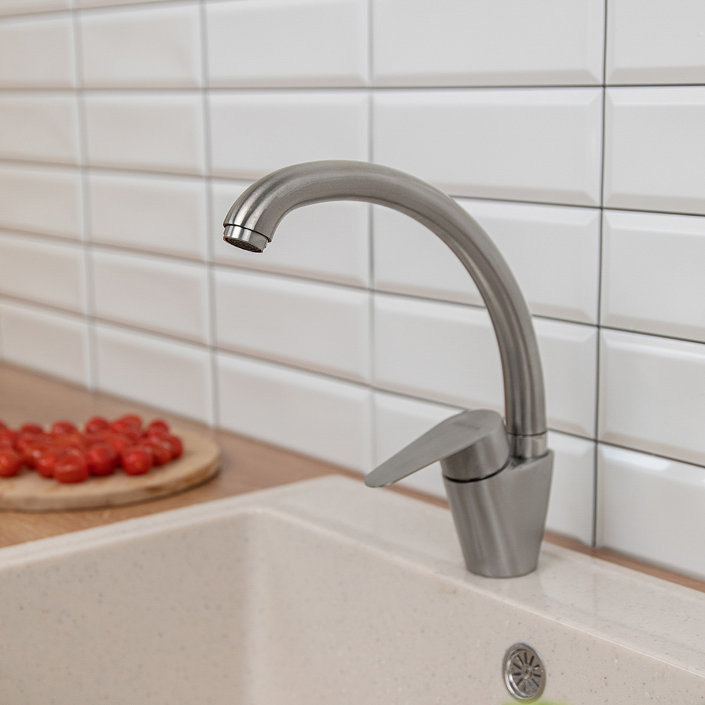 СоюзКран Смеситель для кухни, поворотный излив, керам. картридж 35мм, нерж.сталь, SS01-С233, арт.№ 567-009