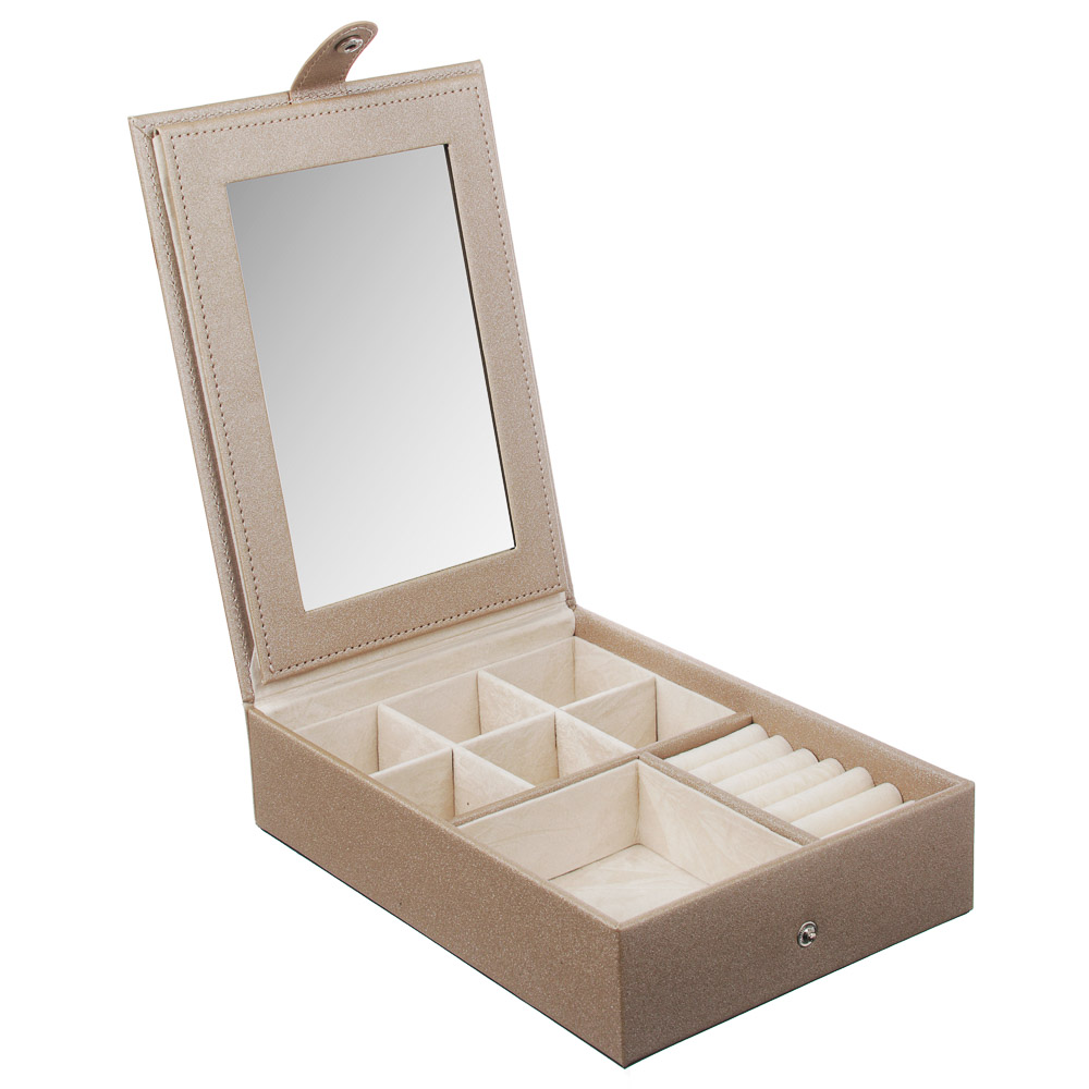 LADECOR Шкатулка для украшений с зеркалом и секциями, 21,5х15,5х5,5см, полиэстер, 2 цвета, арт.№ 504-653