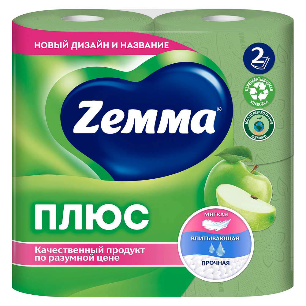 Туалетная бумага ZEWA/ZEMMA Плюс Яблоко, 2 слоя, 4 рулона, арт.№ 918-011