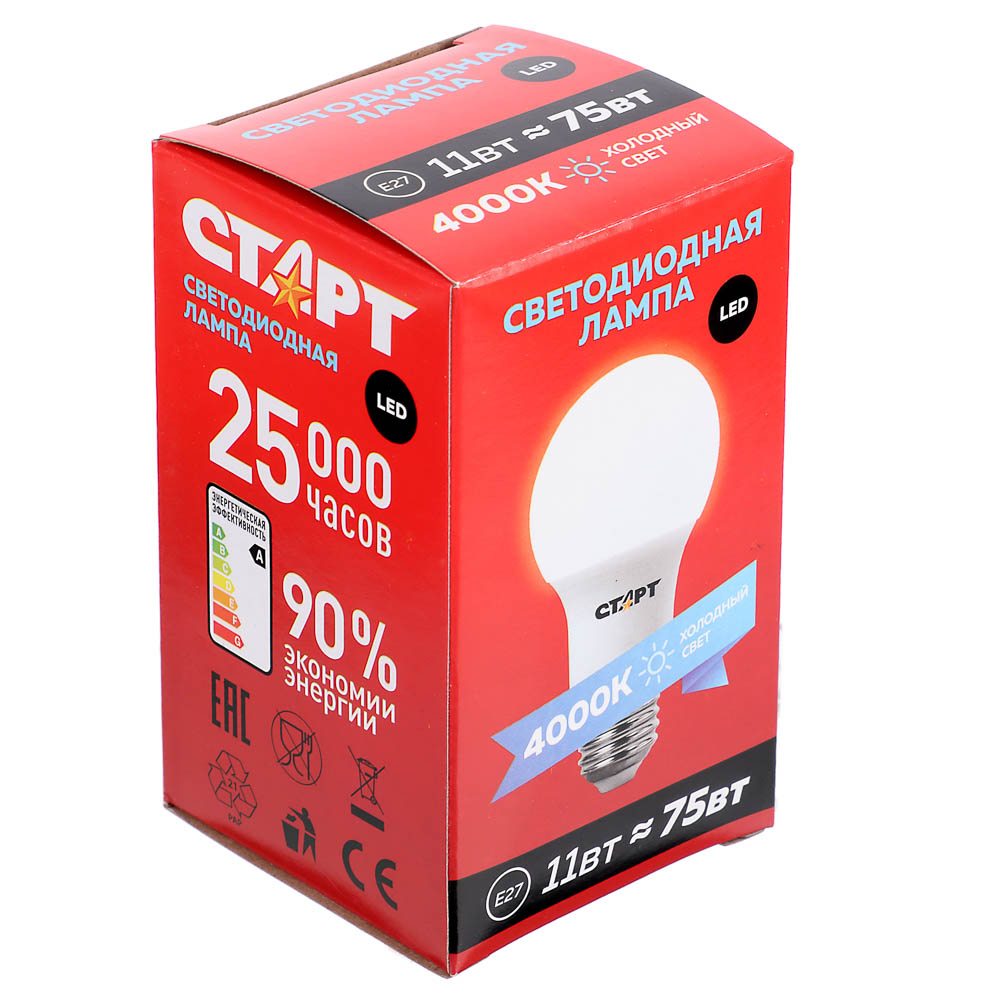 Лампа светодиодная СТАРТ 11 Вт, E27, 800 Лм, 4000 К, форма груша, арт.№ 925-088