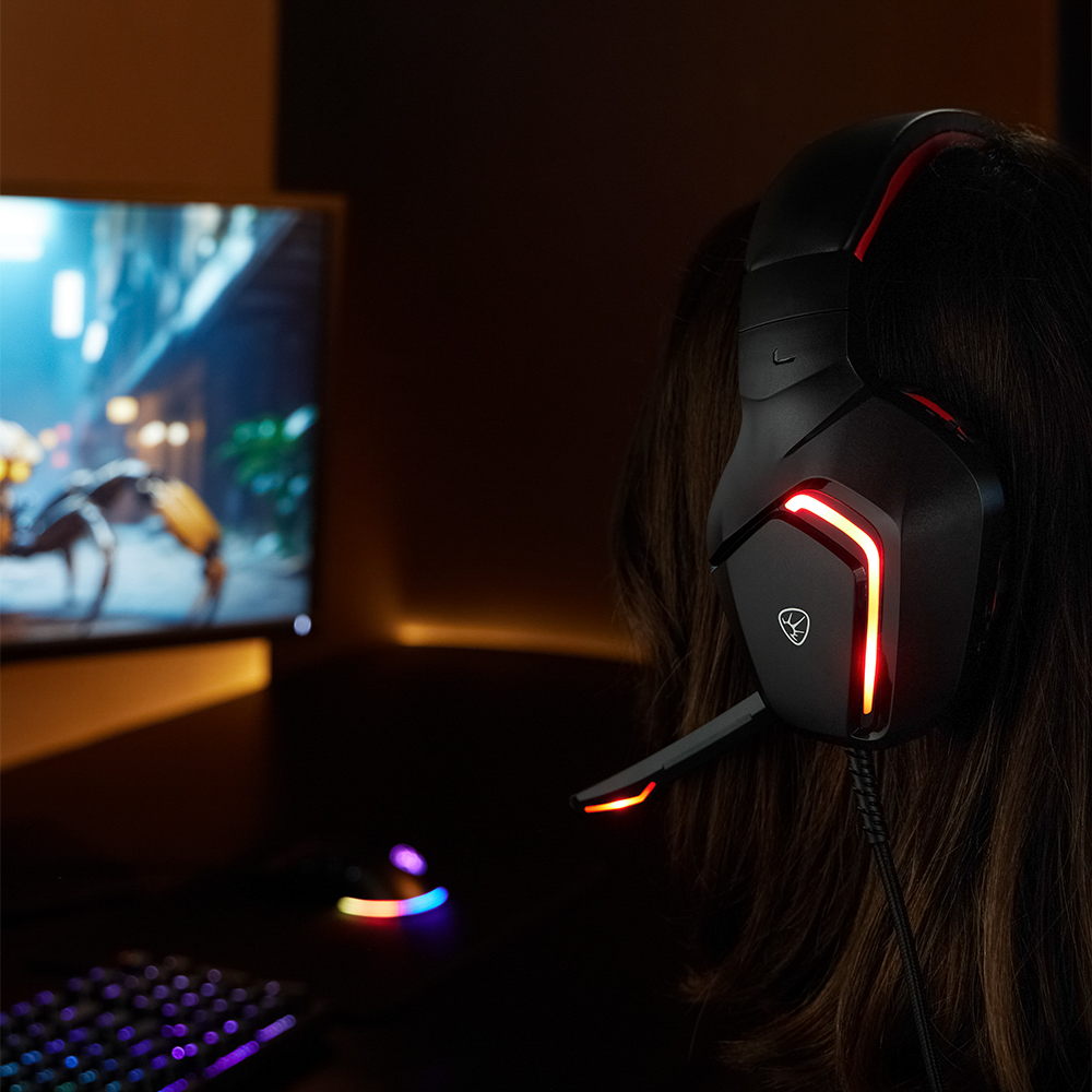 Наушники проводные с микрофоном игровые BY Bascinet USB 3,2 м, красная подсветка, арт.№ 410-084