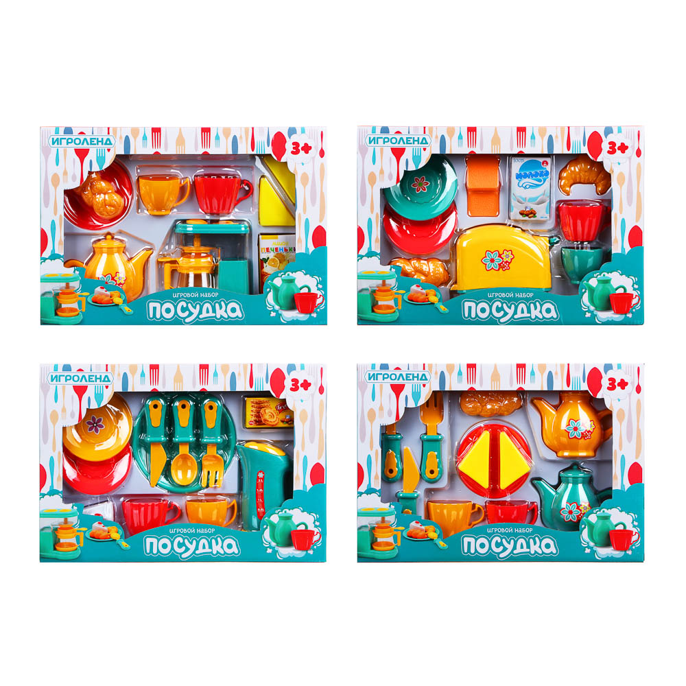 ИГРОЛЕНД Игровой набор Посудка, пластик, 9-11 пр., 35х24х7 см, 4 дизайна, арт.№ 294-129