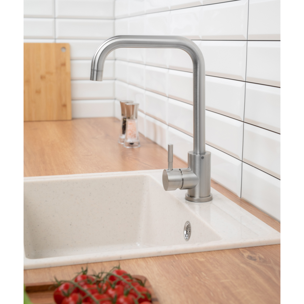 СоюзКран Смеситель для кухни, поворотный излив 30см, керам. картридж 35мм, нерж. сталь, SS01-G132, арт.№ 567-091