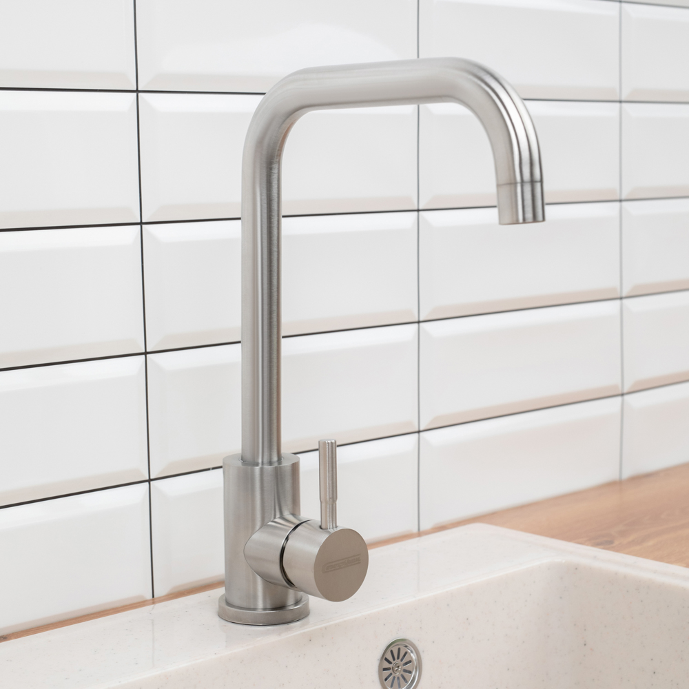 СоюзКран Смеситель для кухни, поворотный излив 30см, керам. картридж 35мм, нерж. сталь, SS01-G132, арт.№ 567-091