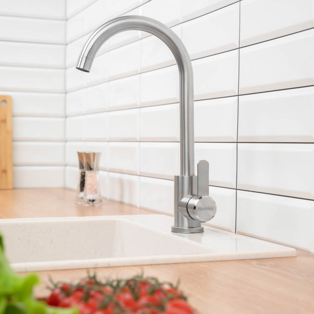 СоюзКран Смеситель для кухни, поворотный излив 35см, керам. картридж 35мм, нерж. сталь, SS01-R133, арт.№ 567-092