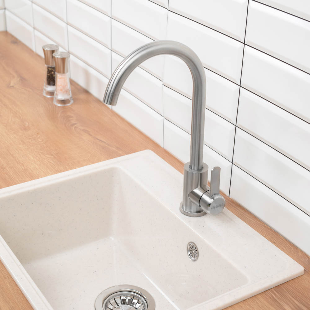 СоюзКран Смеситель для кухни, поворотный излив 35см, керам. картридж 35мм, нерж. сталь, SS01-R133, арт.№ 567-092