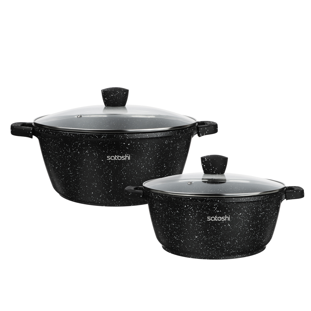 Набор кастрюль SATOSHI Лион 4 предмета 28 см, 32см; 6,3 л, 9,3 л +крышки, а/п покрытие мрамор, силиконовые протекторы ручек, индукция, арт.№ 846-688